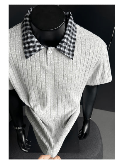 Summer New Plus Size Collared Checkered Short Sleeve T-Shirt Men'S Summer Clothing