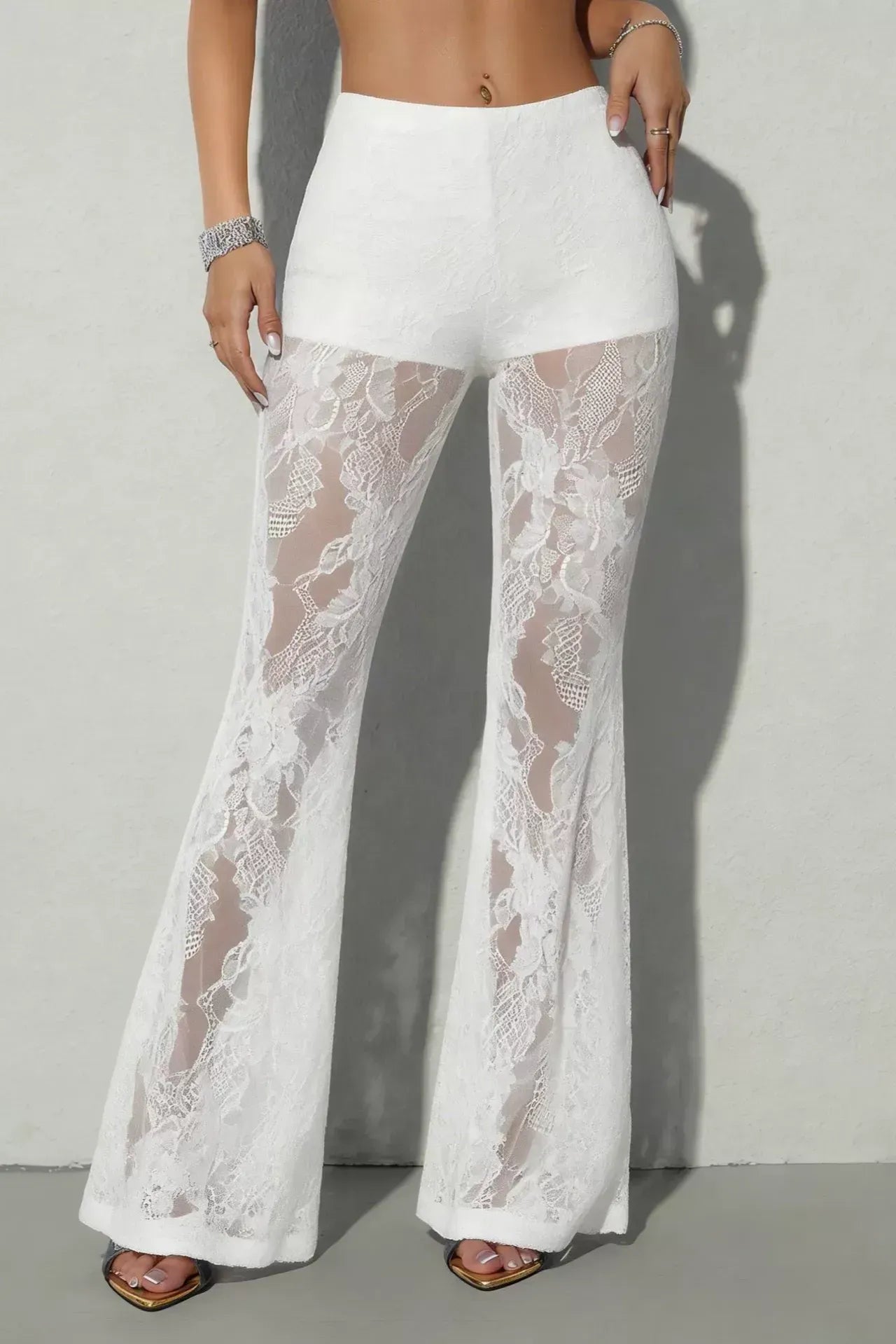 White High-Rise Lace Pants